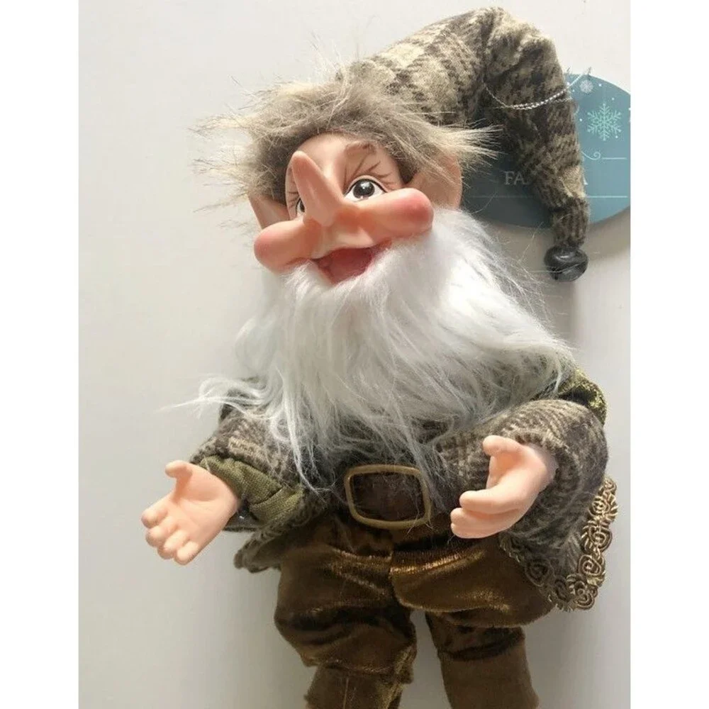 Christmas Pixie Elf Doll Gnome Gold Braid Trim Posable Hanging Bells Brown Plaid